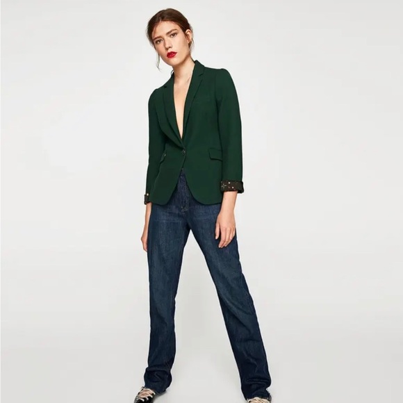 ZARA BLAZER GREEN BOTTLE WAFFLE STRUCTURED LAPEL COLLAR PIQUE COAT JACKET - S - Picture 3 of 7